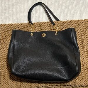 Tory Burch Black Pebbled Leather Tote with Gold Details